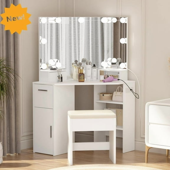 Corner Makeup Vanity Desk with Lighted Mirror, Storage & Cushioned Stool – White Vanity Table with Power Outlet for Bedroom or Workspace