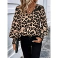 thumbnail image 6 of Womens Leopard Print V Neck Long Lantern Sleeve Shirred Blouse Shirt Tops Brown XL, 6 of 10