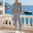 thumbnail image 2 of Men's 2‑Piece Linen Set, Long Sleeve Polo Shirt & Drawstring Casual Pants, Lightweight Breathable Outfit S‑3XL, 2 of 7