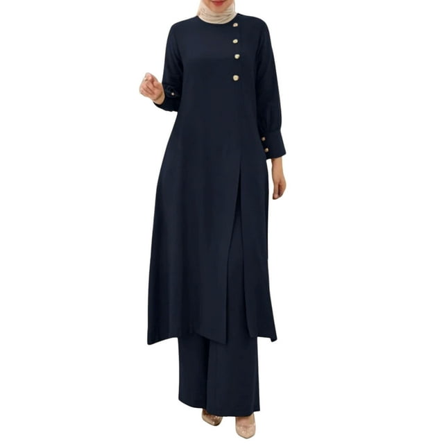 2DXuixsh Women's Two Piece Suit Fashionable Elegant Solid Color Irregular Long Shirt Top with Wide Leg Pants Robe Blue Size M
