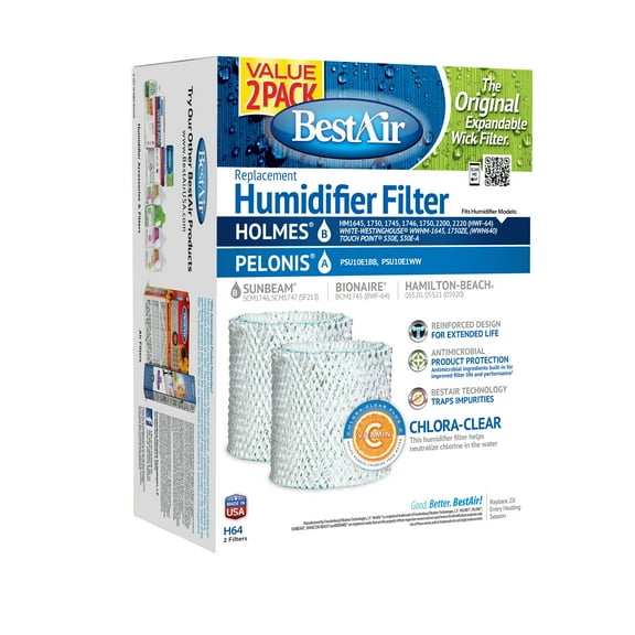 BestAir® H64 Value 2 Pack Extended Life Humidifier Replacement Paper Wick For Holmes Humidifiers. SIZE: 6 1/8″ x 20″ x 1″. WEIGHT: 0.31 lbs.