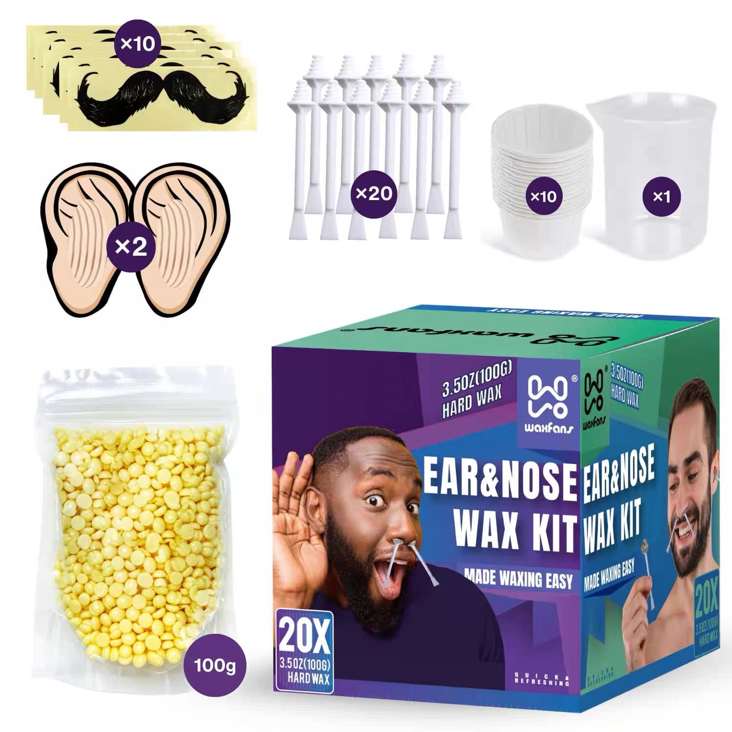 Waxfans Nose Wax Kit for Nose & Ear Hairs Removal, Nasal Waxing Kit for Men and Women with 100g Wax Beads, 20 Applicators,Safe Easy Quick & Painless