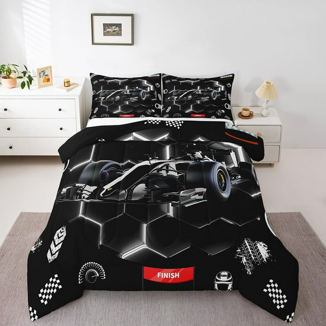 YST Black Race Car Comforter Set King Neon Honeycomb Racing Car Games Bedding Set For Kids Boys Teen,Racing Helmet Wheel Checkered Flag Bed Comforter Set Soft Lightweight Reversible