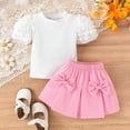 thumbnail image 2 of Toddler Girl Spring Summer Outfit Bubble Puff Sleeve Shirt Top Pleated Mini Skirt Kids Girl 2Pcs Set, 2 of 5
