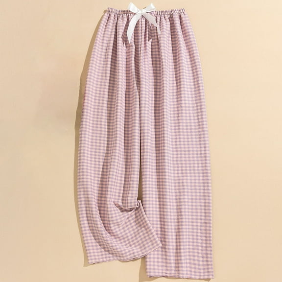 SYMOID Womens Casual High Waist Elastic Waistband Checkered Wide Leg Pants for Spring & Summer,Pink,Size Free Size