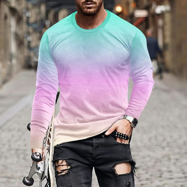 Blusas y camisas de manga larga con cuello redondo para hombre, blusa informal de manga larga con cuello redondo y estampado degradado, blusa de poliéster para hombre