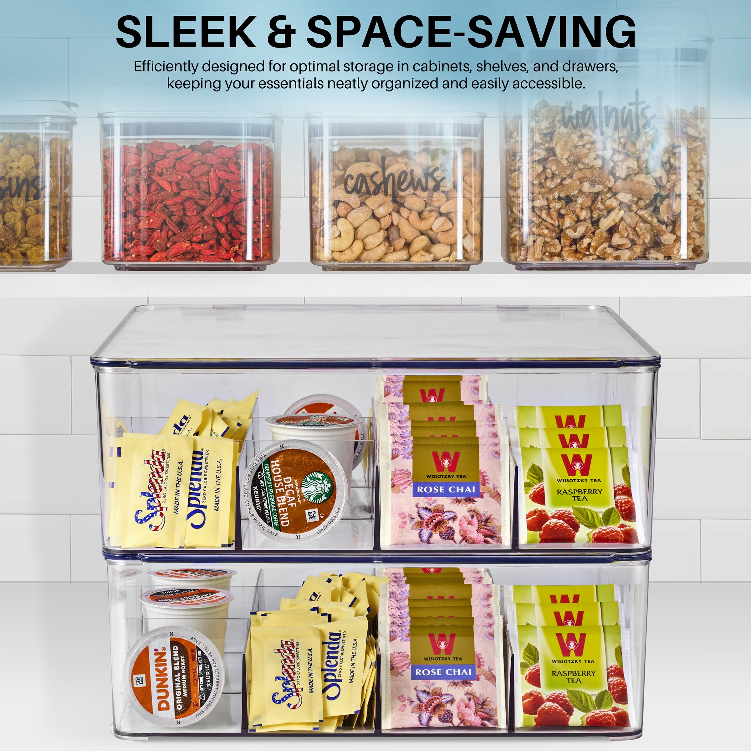 Sorbus Stackable Tea Bag Organizer, 2-Pack Plastic Tea Storage Holders with Hinged Lids, 12 Compartments Each for Kitchen or Pantry