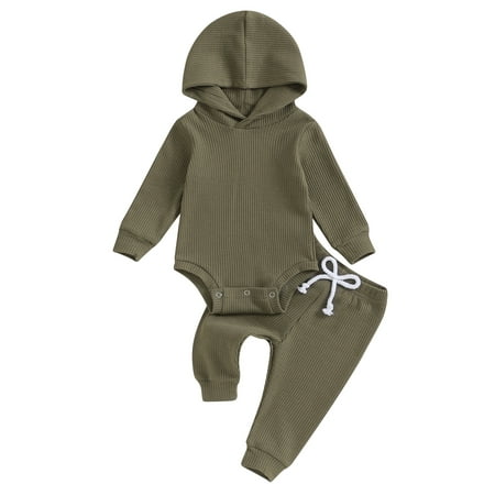 

Qtinghua Infant Toddler Baby Girl Boy Hooded Jumpsuit Waffle Long Sleeve Romper+Long Pants Fall Clothes Army Green 0-3 Months