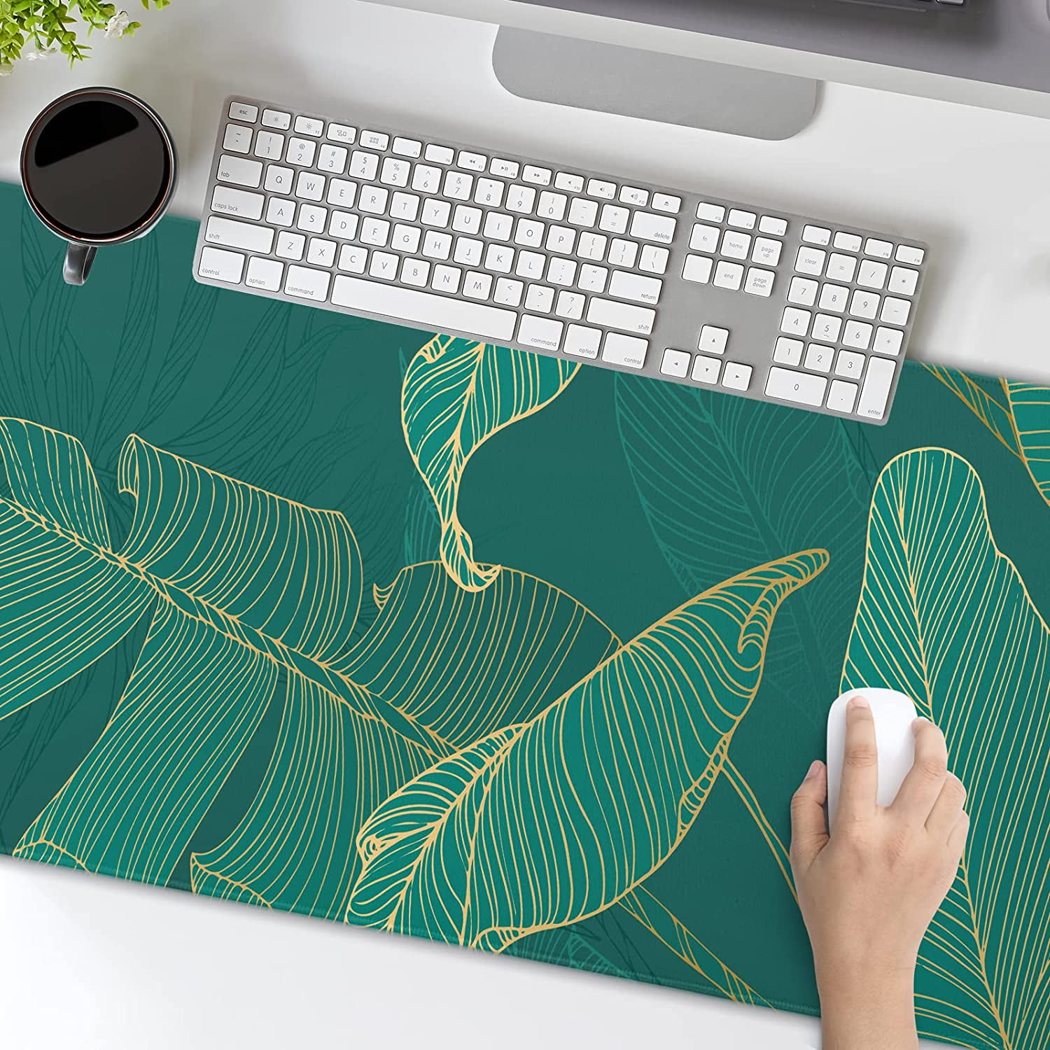 Tropical Leaf Mouse Pad 35.4 X 15.7 Inch XXL Green Gold Banana Leaf Print Full Desk Mousepad Extended Large Non-Slip Rubber Base Keyboard Mat with Stitched Edges for Gaming Office