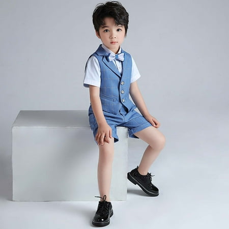 Little Boys Heritage Vest Suit Set Short Sleeve Collared Shirt Top Shorts 3-Piece Formal Wedding Dress