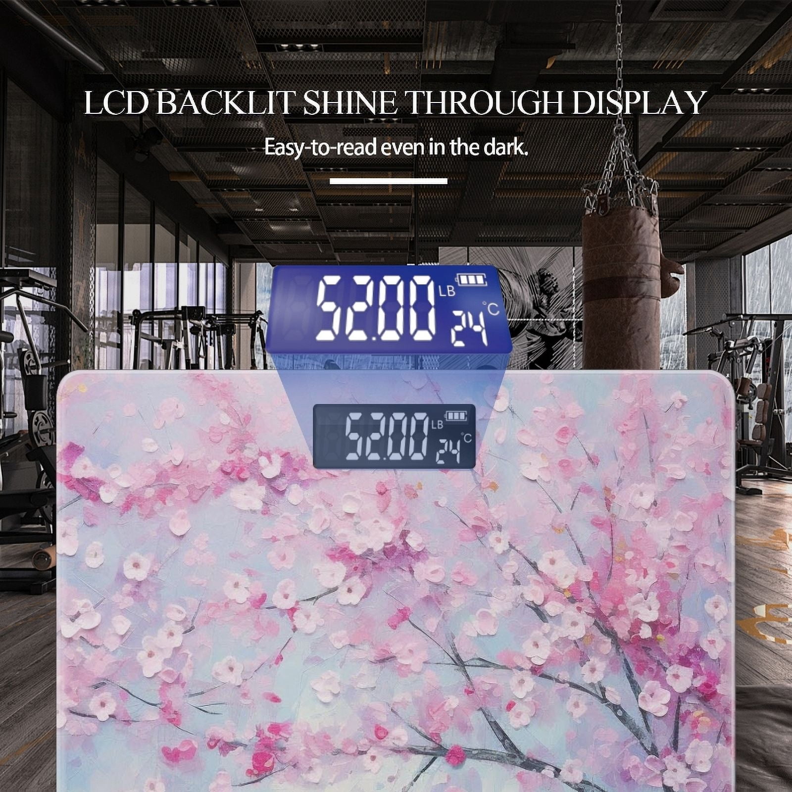 High Precision Body Weight Scale Smart Bathroom Scales with Large LCD Display(400lbs),Decorative for Bedroom-Pink Cherry Blossom Tree With Light Blue Sky