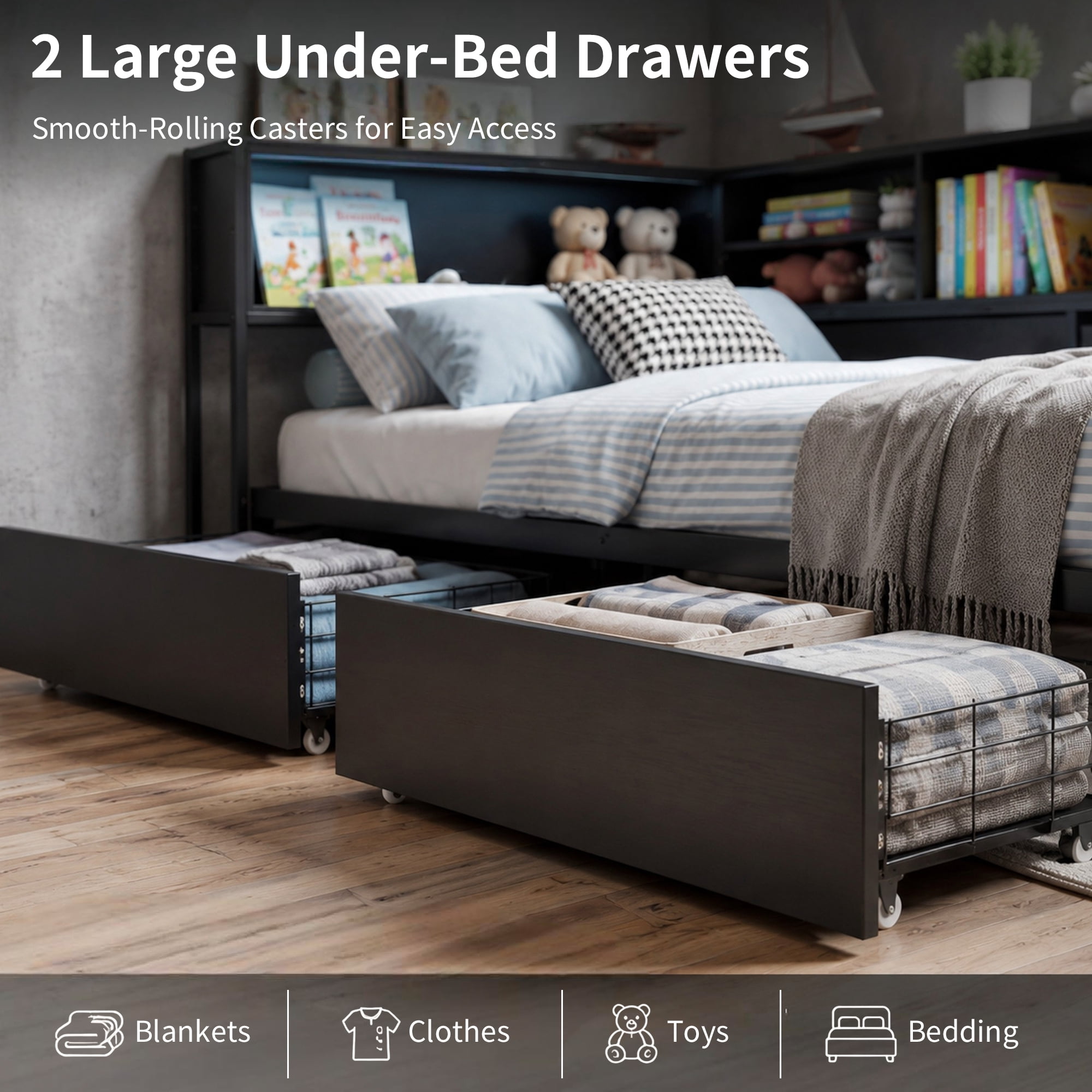Leumius Corner Bed Frame with Storage Bookcase, Full Daybed with LED Lights & 2 Drawers, Metal Platform Bed with Headboard and Charging Station for Bedroom Guest Room Black