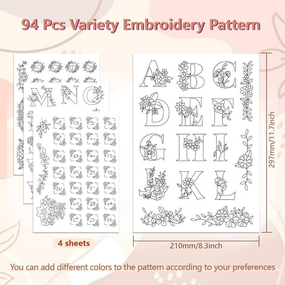 Water Soluble Embroidery Patterns for Beginners 4 Sheets with 94pcs Alphabet Floral Wreath Patterns Wash Away Embroidery Pattern Stabilizer