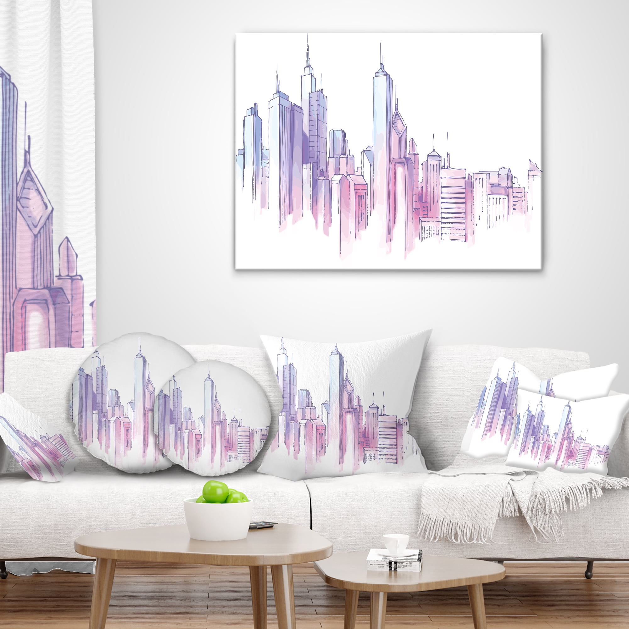 Designart Purple City Skyline - Cityscape Painting Throw Pillow - 16x16