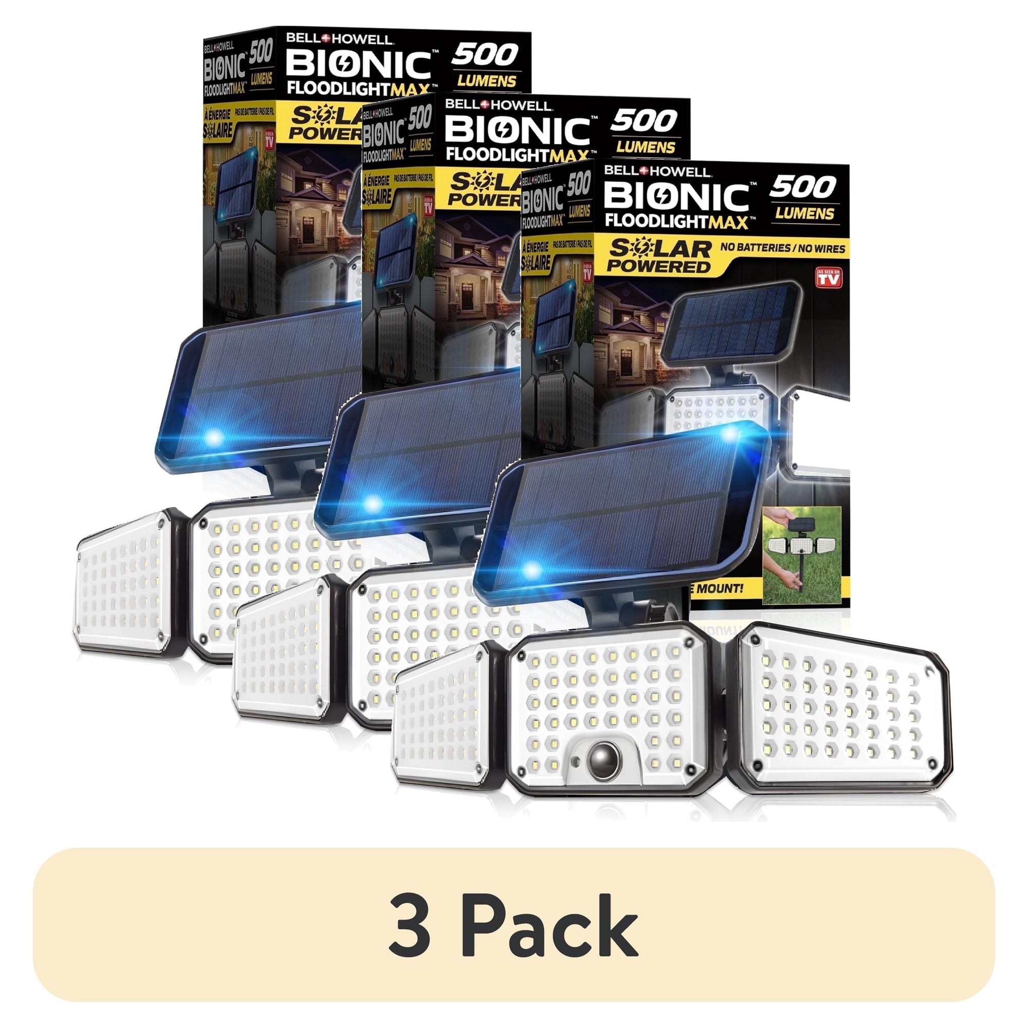 (3 pack) Bell+Howell Bionic Flood Light AS SEEN ON TV, 500 Lumen Deluxe Version Bionic Floodlight, LED Solar Flood Lights Outdoor Motion Sensor Waterproof Solar Security Lights with 360° 3 Panel Design
