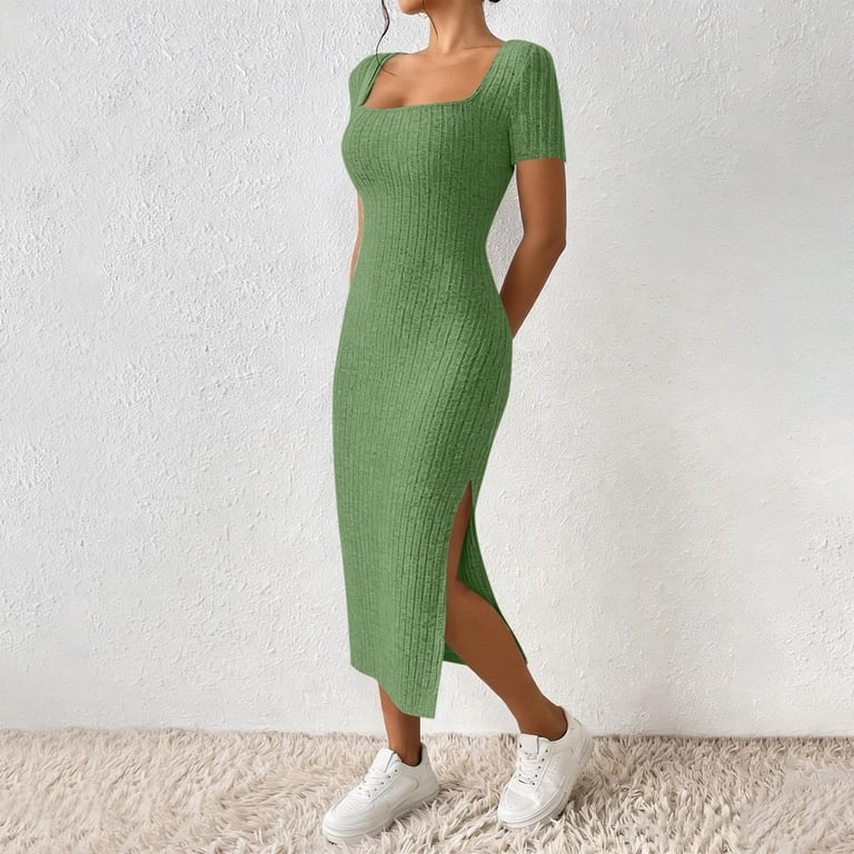 square neck ribbed bodycon dress MYAOYI Womens Dresses Short Sleeve Midi with Side Slit Designers: Amsale Maxi Dress 90s T Size:3-6mo 46 long