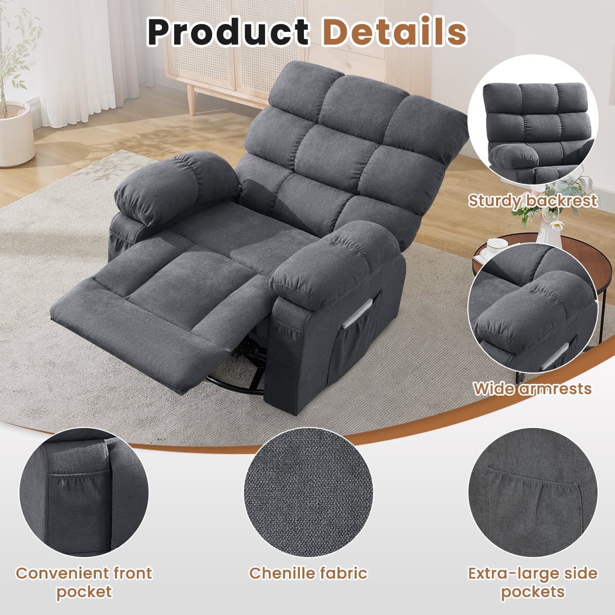360° Swivel Manual Rocker Recliner Chair with Side and Front Pockets