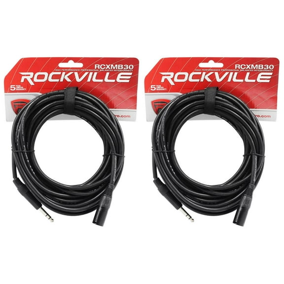 2 Rockville RCXMB30-B Black 30' Male REAN XLR to 1/4'' TRS Balanced Cables
