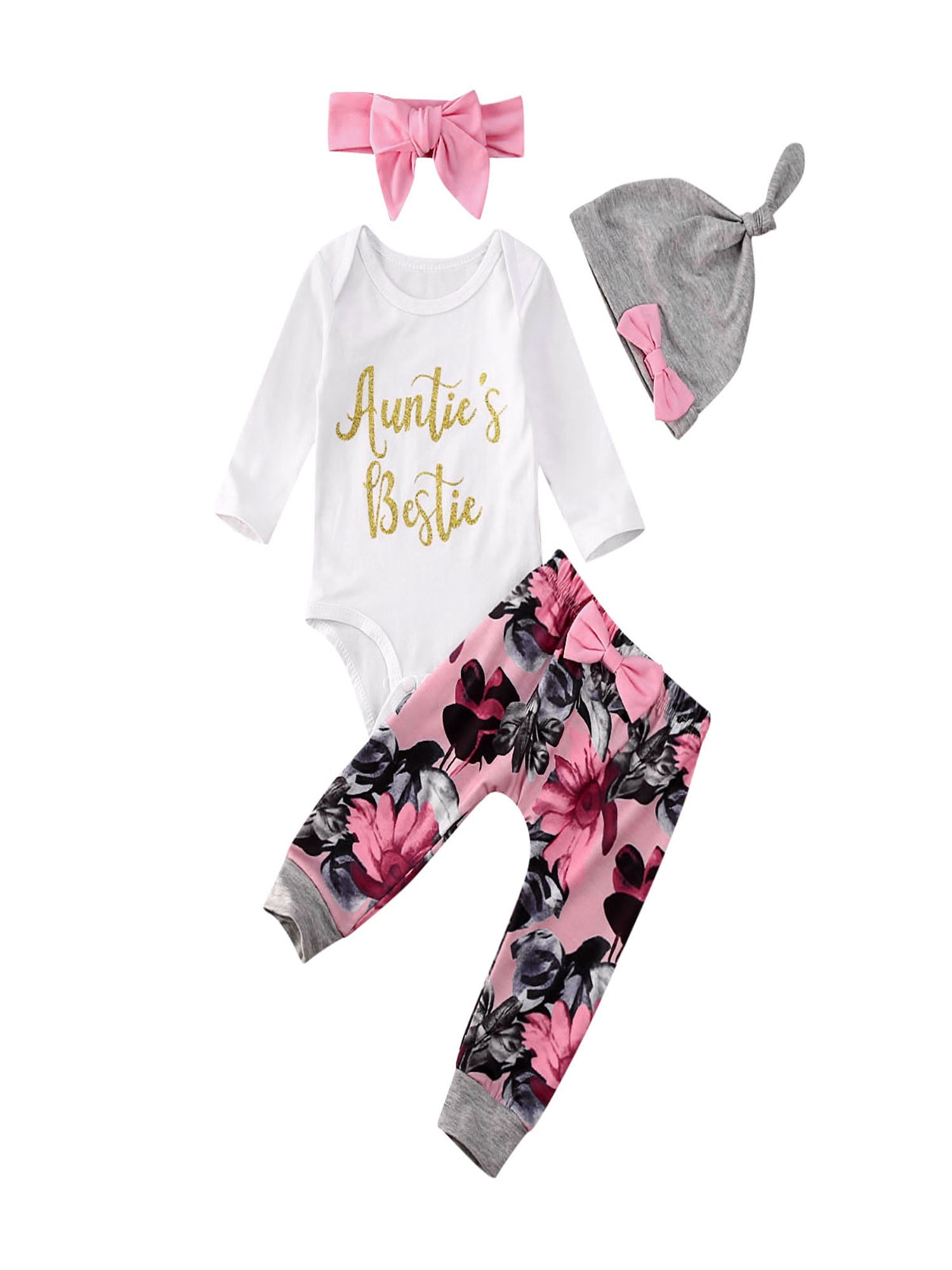 Baby Girl Clothes Set New to The Crew Long Sleeve Romper Headband 4pcs Infant Outfits for Girl Striped Pants+Hat