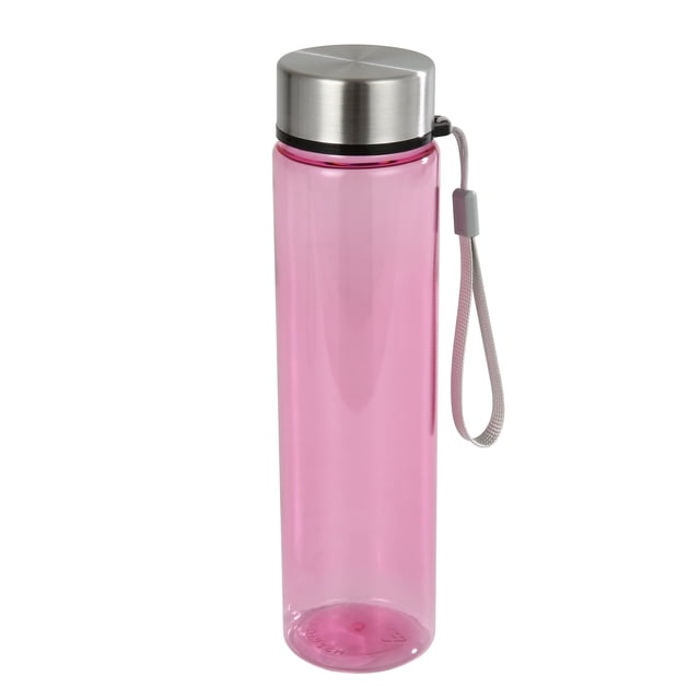 Mainstays 18oz plastic lilac water bottle with transparent lilac body, stainless steel screw cap lid, and attached grey carrying strap for easy portability, suitable for daily hydration and outdoor activities.