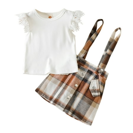 

Zlekejiko Toddler Kids Baby Girls Lace Sleeveless Ribbed T Shirt Tops Suspender Skirts Plaid Dress 2PCS Princess Outfits Clothes Set Skirt Set Juniors Girl Baby Clothes