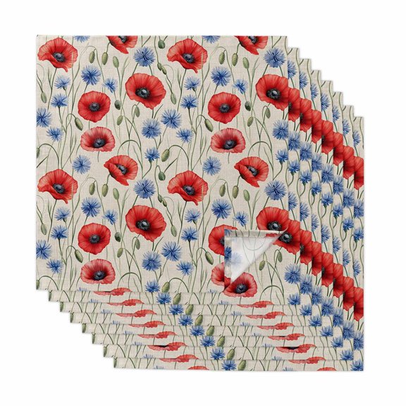Red Poppy Flower Cloth Napkins, Blue Daisy Floral Patriotic 4th of July Washable and Reusable Dinner Napkins Set of 8, Table Napkin for Kitchen Party Birthday Wedding Hotel Housewarming 20"x20"
