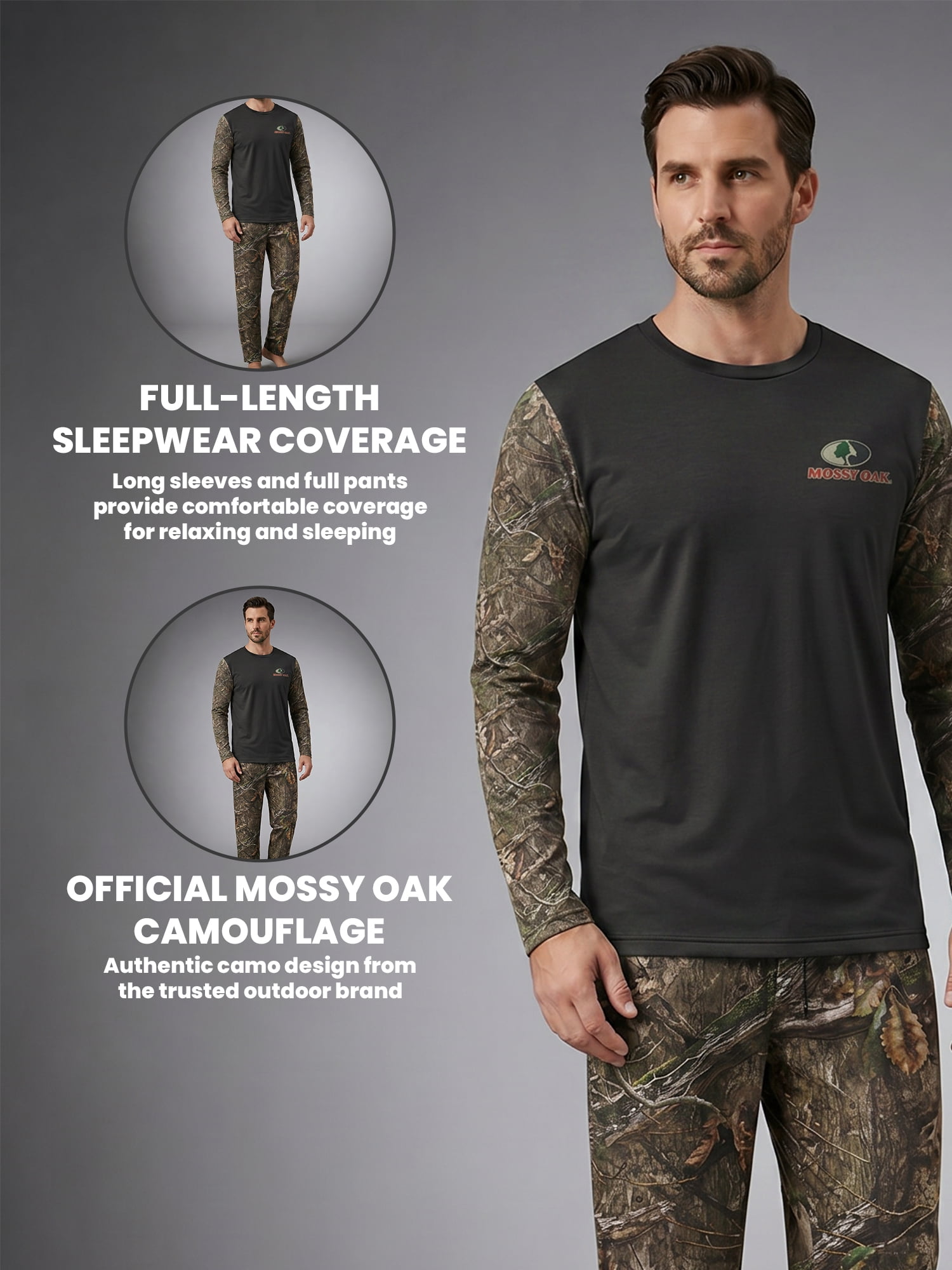Mossy Oak Men's Pajamas 2-Piece Super Soft Long Sleeve Top and Pant Set, Camo Black, XL