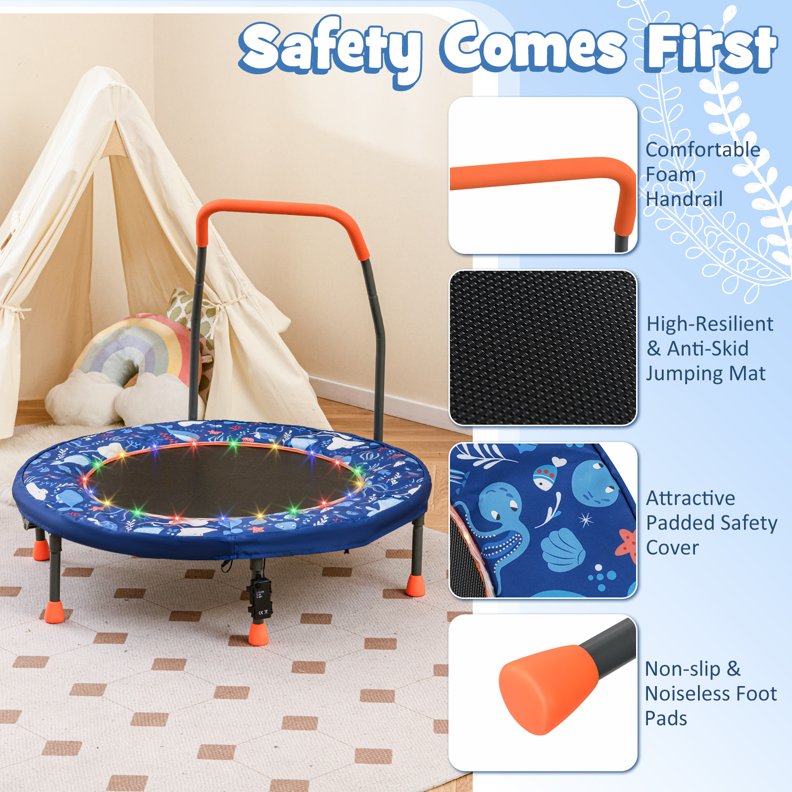 Gymax 36'' Foldable Kid Trampoline w/ 20 LED Lights Foam Handlebar Padded Safety Cover Navy