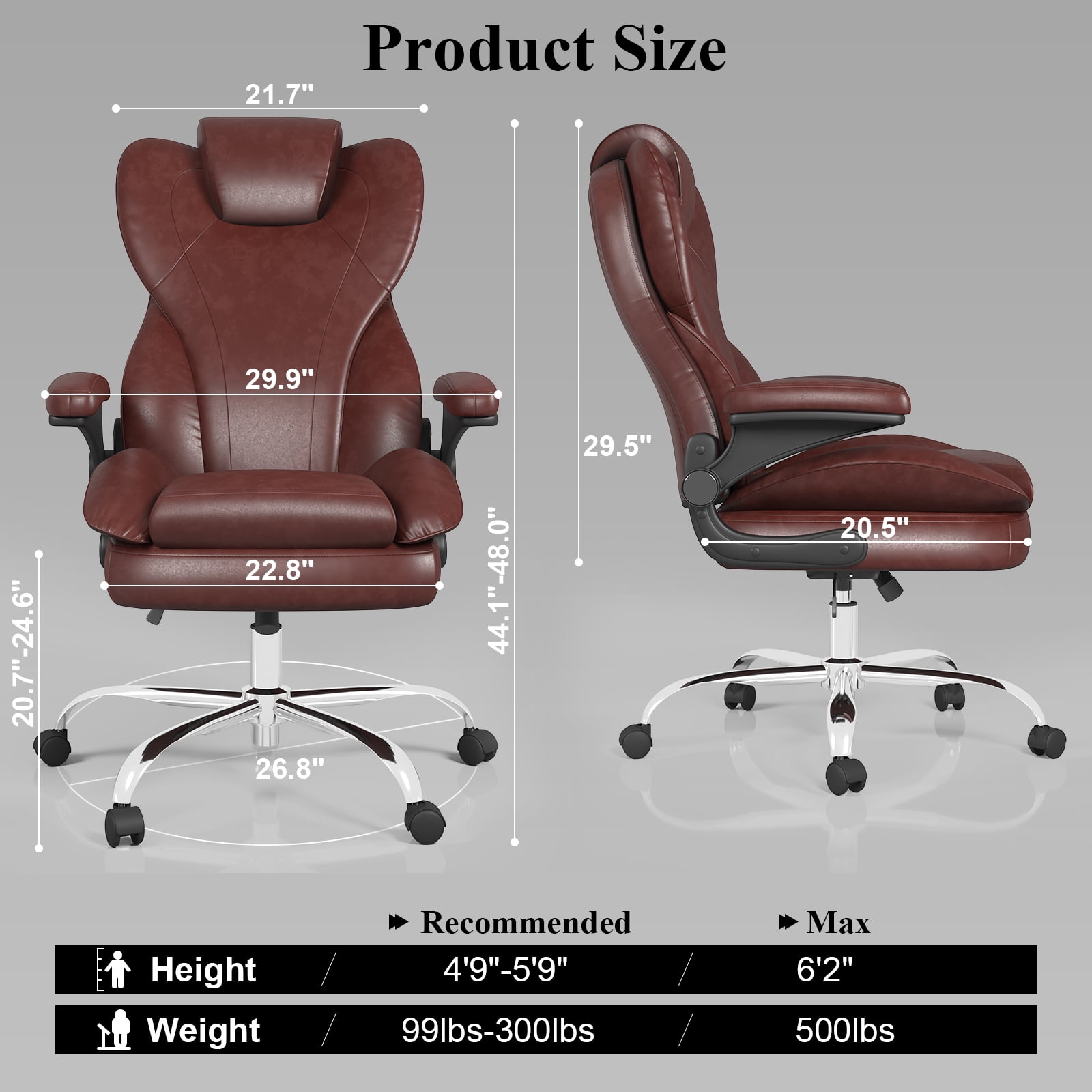 E-motie Home Office Chair with Flip-up Arms, Adjustable High Back Chair, Quiet Nylon Wheels, Brown