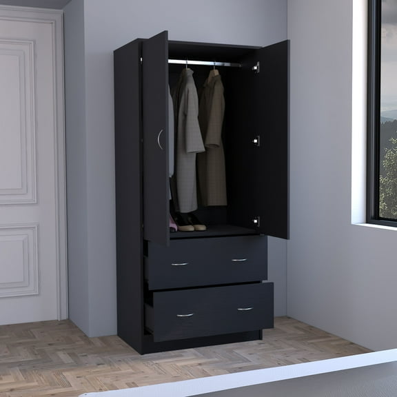 Nmkwnr 2 Doors Armoire with 2 Drawers and Hanging Rod, Perfect for Living Room, Bedroom, Black