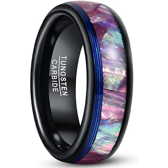 8mm Men's Black Tungsten Ring Wedding Band with Blue Guitar String and Light Purple Abalone Shell Inlay Dome Style