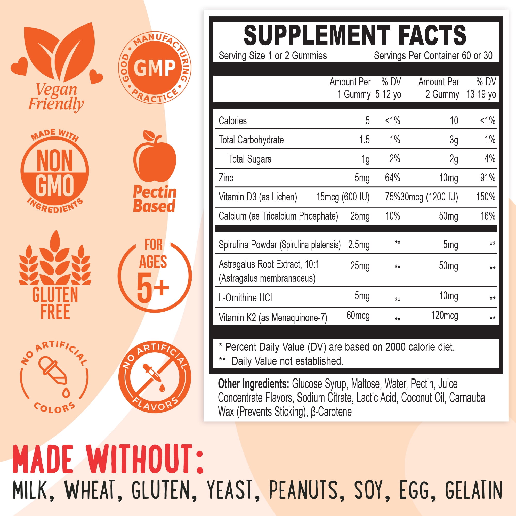 OH MY CHEWY Height Growth Vitamin Gummies for Kids & Teens - Growing Up and Bones Support for Supplement with Calcium, Zinc, Vitamin D3, K2, Spirulina and Astragalus – Peach & Mango 60 CT