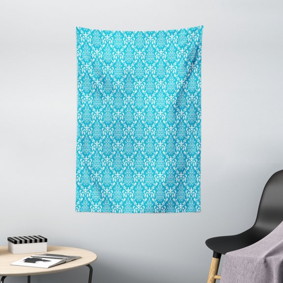 Blue and White Tapestry, Pattern with Antique Damask Vintage Venetian Curly Leaf Motifs Tile, Wall Hanging for Bedroom Living Room Dorm Decor, 40W X 60L Inches, Sky Blue and White, by Ambesonne