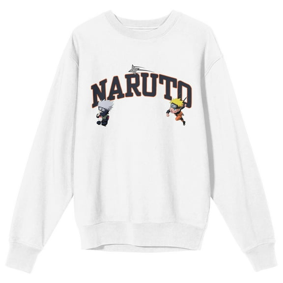 Naruto Shippuden Naruto & Kakashi Chibi Characters Crew Neck Long Sleeve White Adult Sweatshirt-Small