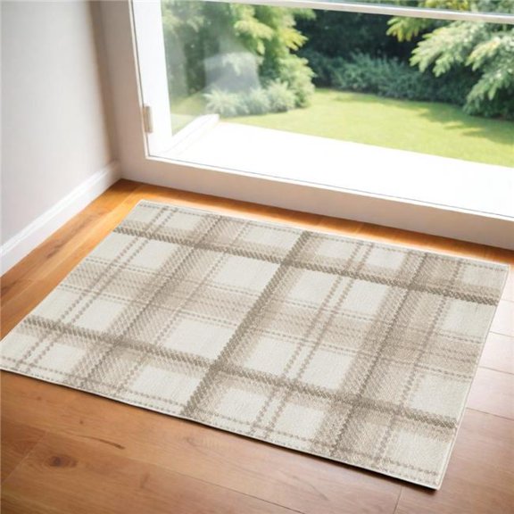 HomeRoots 572455 3 x 5 ft. Ivory Plaid Power Loom Rectangle Area Rug