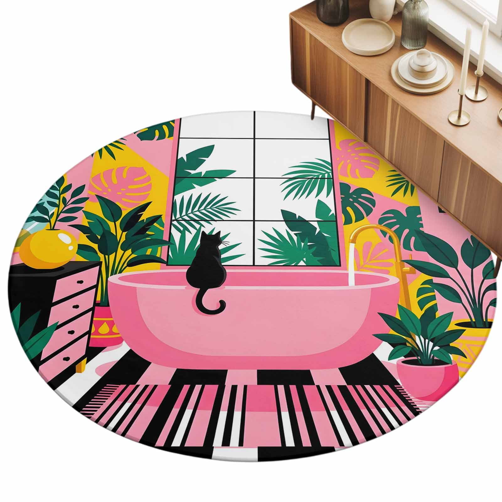 Round Area Rug 4ft Cat in Tub Floor Carpets Indoor Floor Area Mat Stain-Proof Mat Circle Rugs for Living Room Dining Room Kitchen Bedroom Pink Bathroom Tropical Palm Leaves Sofa Throw Carpet