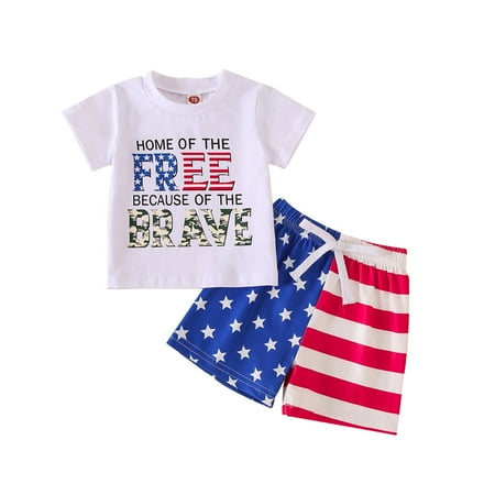 

Baby Boys Outfit Set Independence Day Fourth Of July Short Sleeve Letter Print T Shirt Tops And Shorts Outfits 2 Piece Sizes 18-24 Months