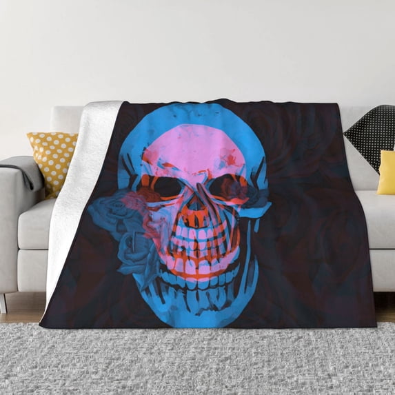 XMXT Throw Blanket, Aged Floral Skull Blue Print Machine Washable Blankets for Sofa, 60 x 50 inches Black