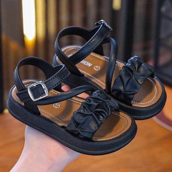 Girls Ruffle Open Toe Sandals Adjustable Buckle Summer Shoes For Toddler Black Size 1-1.5 Years