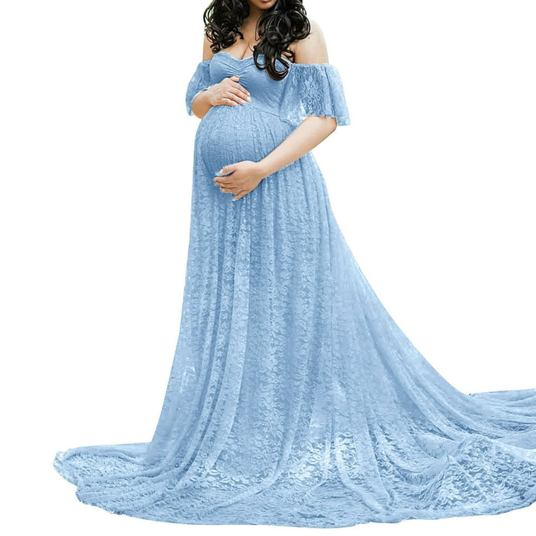 chinese dress ladies Momyknows Light Blue Deep V Halter Neck Maternity Photoshoot Maxi Dress Light Blue / XL