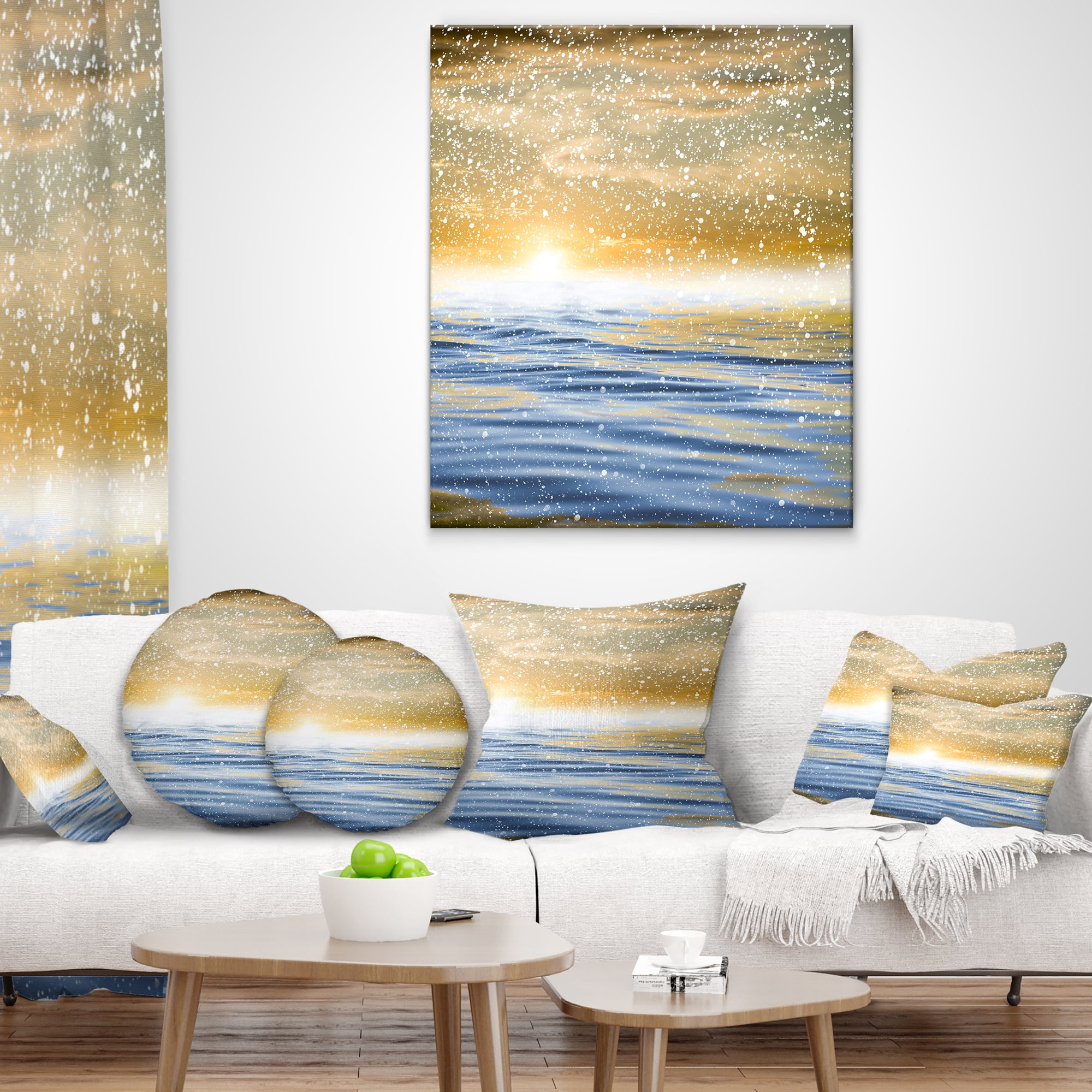 Designart Sunset Over the Sea with Snow - Skyline Photography Throw Pillow - 16x16