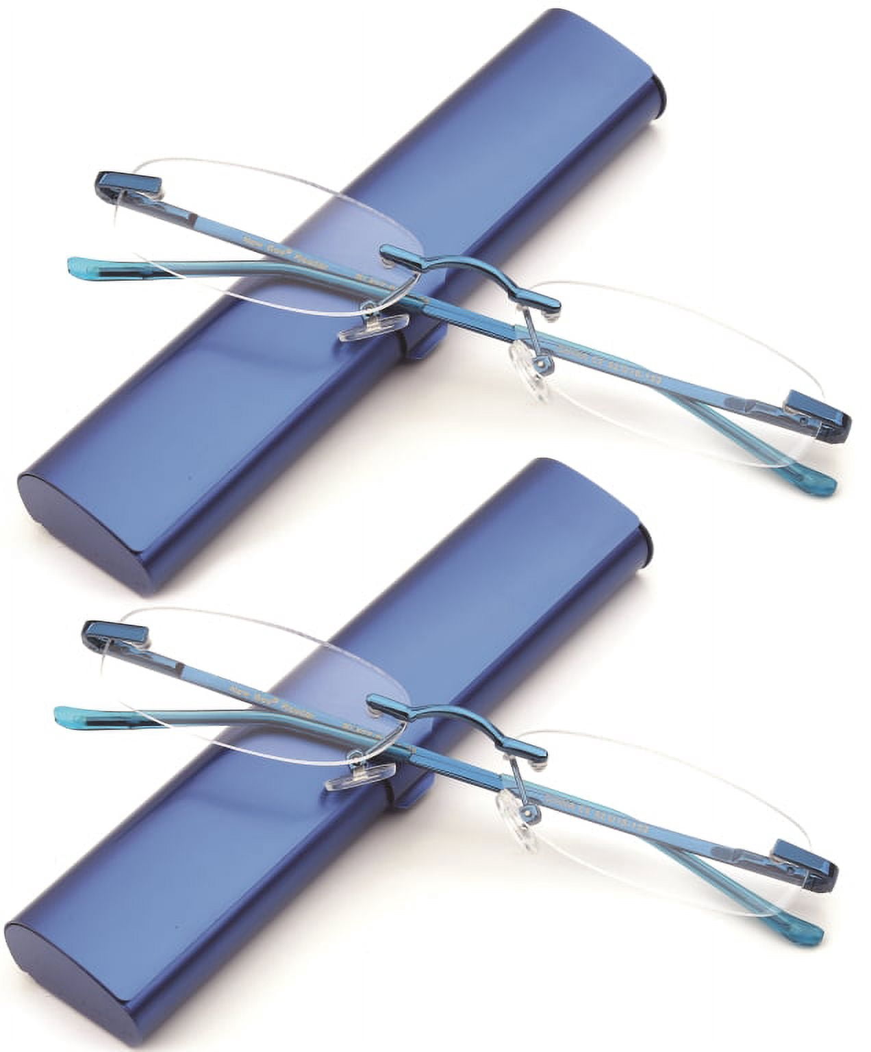 Newbee Fashion-Portable Compact Reading Glasses in Aluminum Case Metal Rectangle Rimless Reading Glasses Super Lightweight Reader Slim Design Comfort Fit 2 Pack Blue 2.25