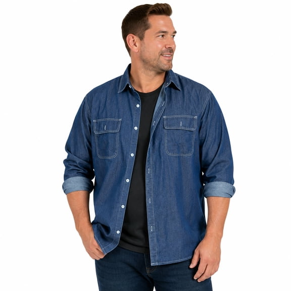 MIKDENO Men's Denim Shirt Long Sleeve Casual Button Down Work Shirt Relaxed Fit Cotton Denim Chest Pocket Shirt for Men