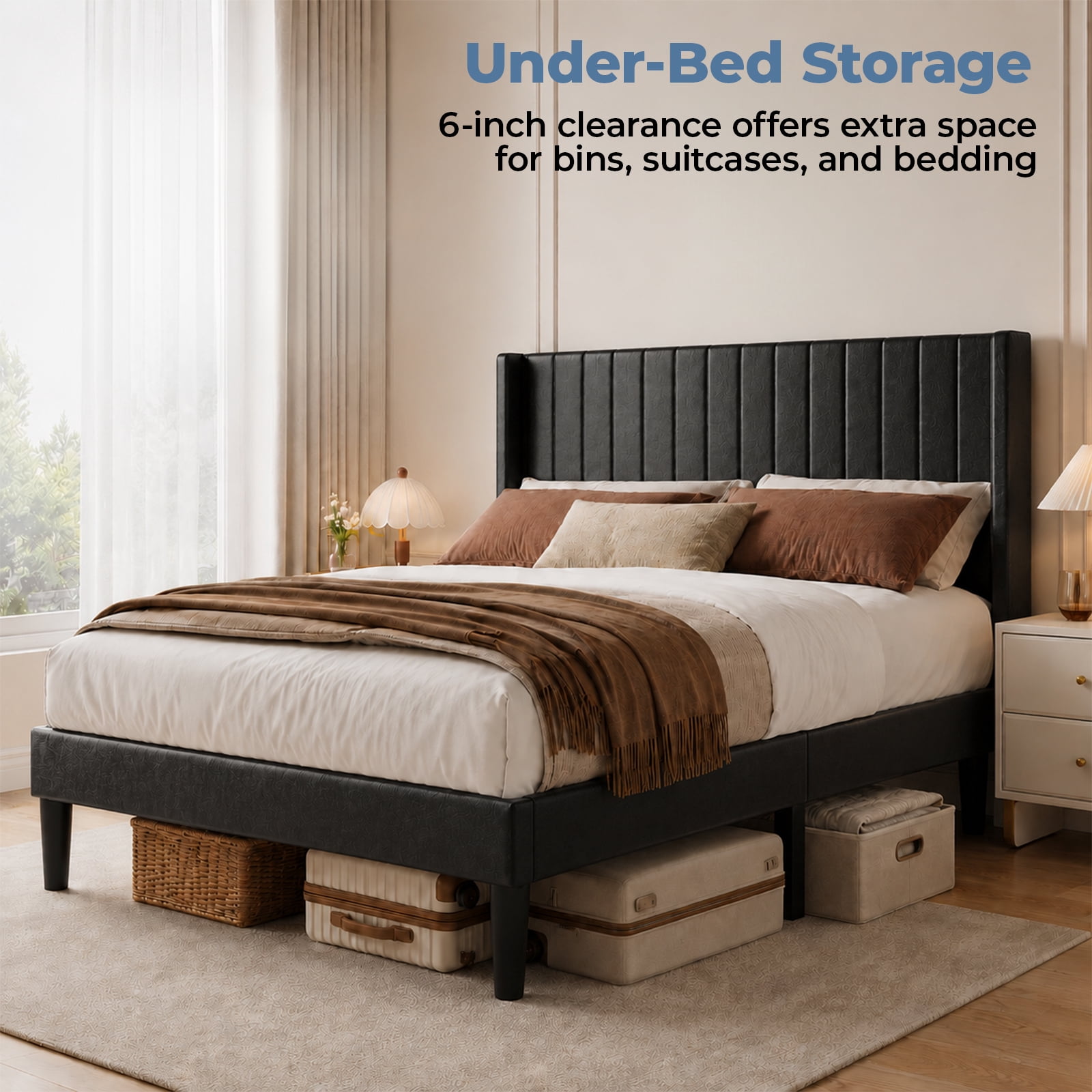 Alvantor Upholstered Bed Frame, Fabric-covered Wing-shaped Headboard and Wooden Crossbars, Bed Frame with Storage Space, Easy Assembly, Noise Free, No Box Spring Needed