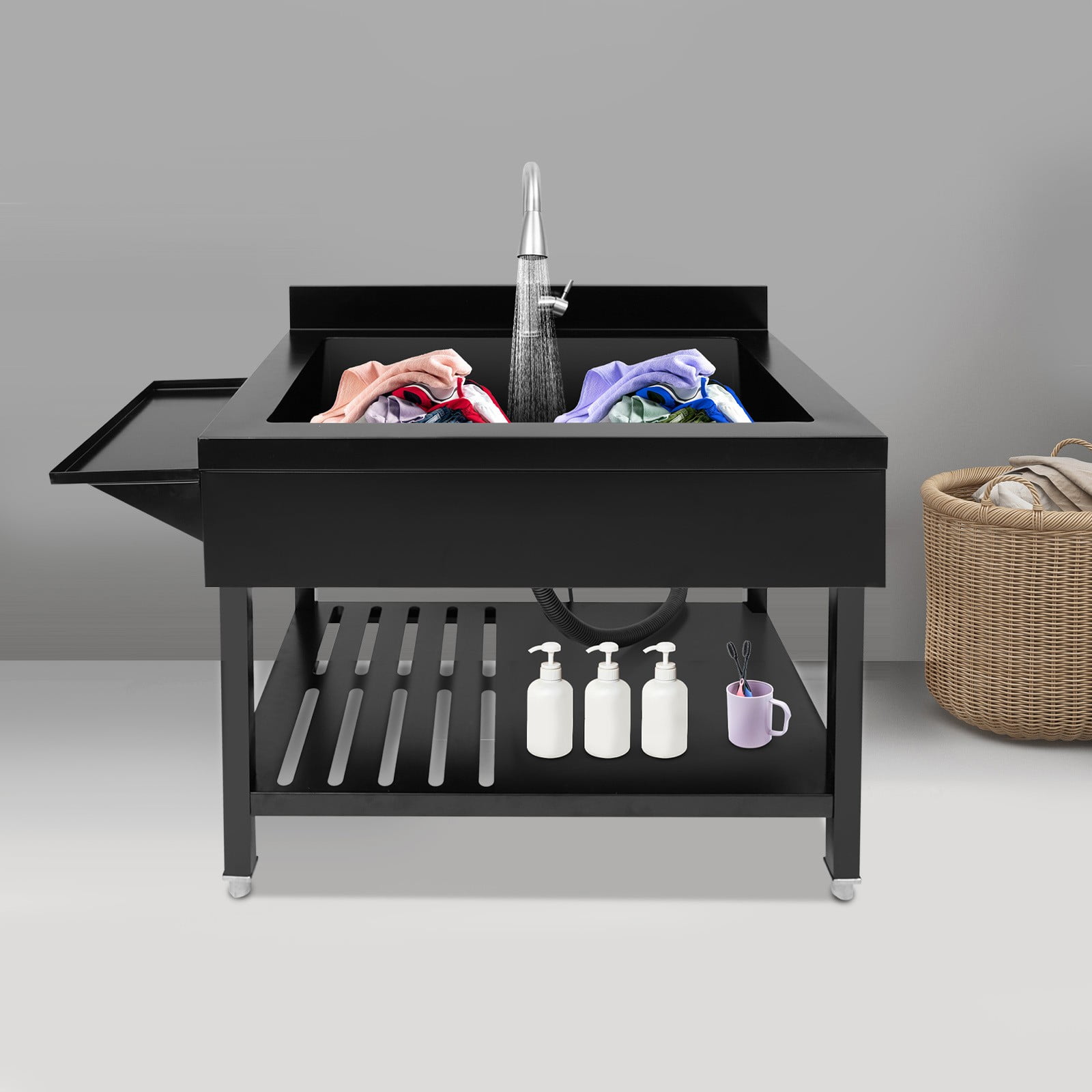 Black Stainless Steel Single Bowl Sink, 35.4" x 22.4" x 37" Commercial Kitchen Sink Freestanding Prep & Utility Sink with Cold and Hot Water Faucet for Kitchens, Bathrooms, Garage, Laundry Room