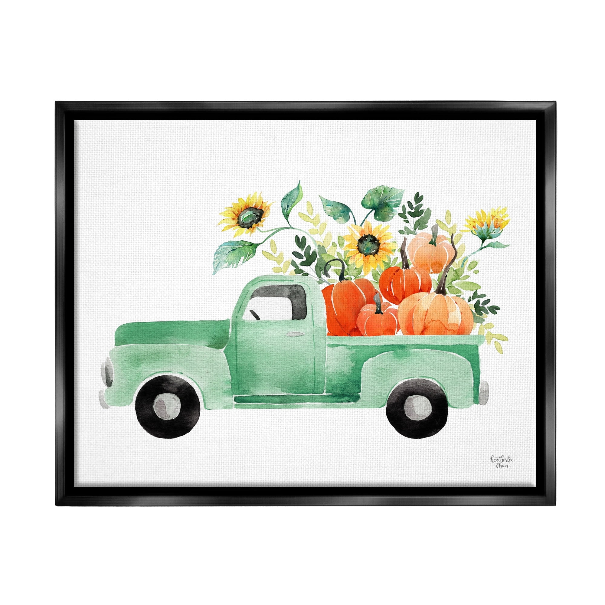 Stupell Industries Autumnal Plants Pumpkins Seasonal Green Pickup Truck Painting Metallic Gold Floating Framed Canvas Print Wall Art, Design by Heatherlee Chan