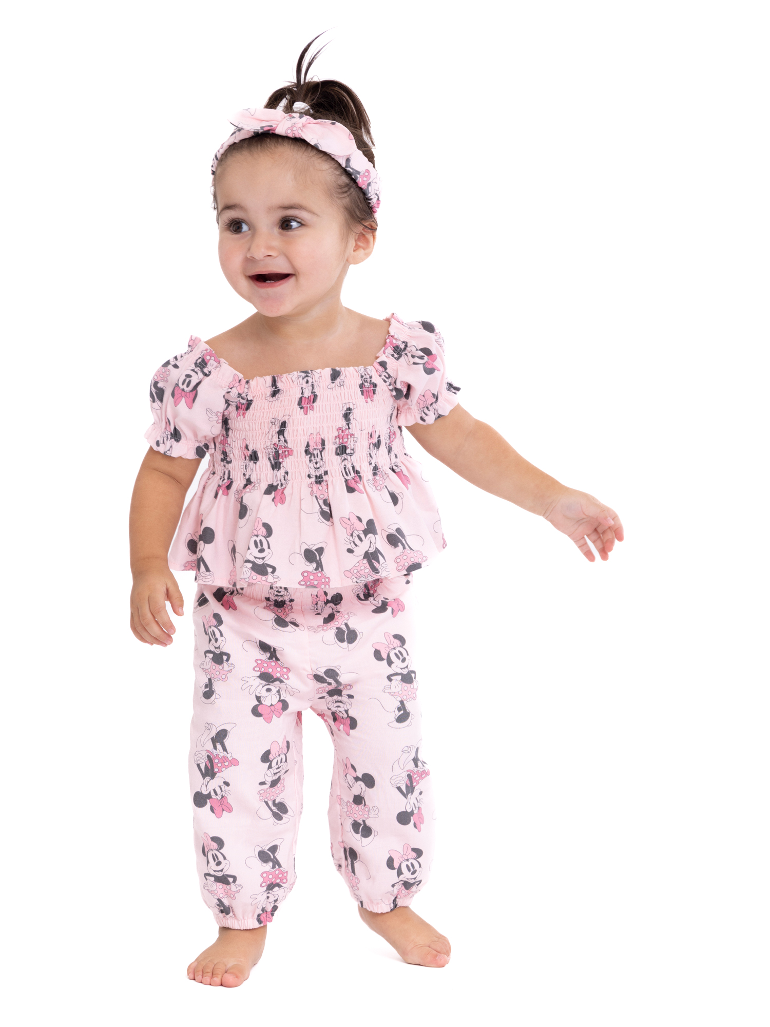 Minnie Mouse Baby Girl Smocked Top and Pants Outfit Set with Headband, Sizes 0/3 Months-24 Months