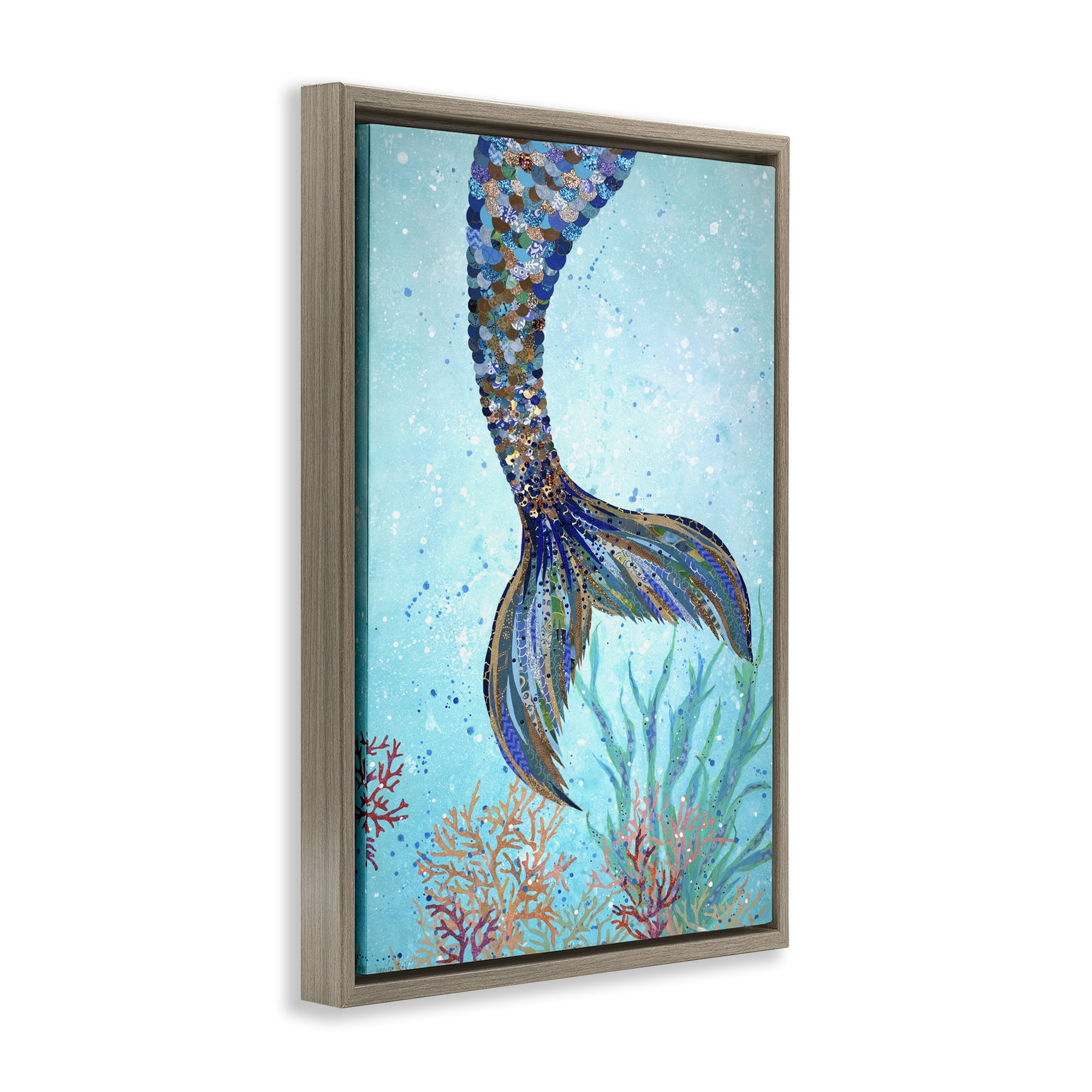 Stupell Industries Tall Tails Mermaid Fairy Tales & Fantasy Painting Brown Floater Framed Canvas Art Print Wall Art, 17 x 25