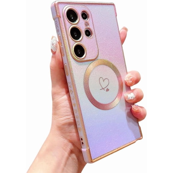 Plating Electroplated Laser Love Heart Magnetic Case for Samsung, Compatible with MagSafe Wireless Charging (Purple,Samsung Galaxy S23)