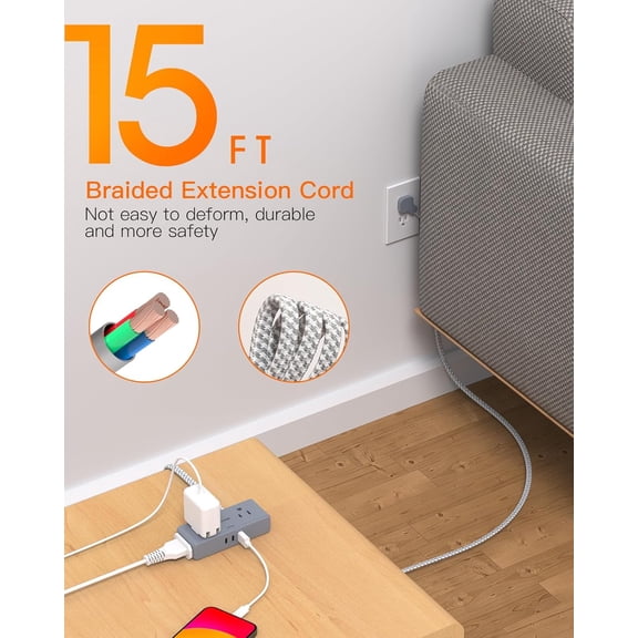PYYAN-Extension Cord 15 ft, Flat Plug Power Strip, Long Power Strip, 4 Widely Outlets with 3 USB Ports (2 USB C), Extension Cord with Multiple Outlets for Home, Office, Dorm Room Essentials Gray